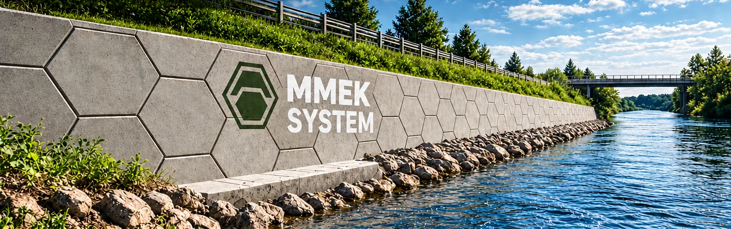 Koncepcyjna ilustracja ściany z logo MMEK SYSTEM przy rzece i moście